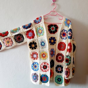 For Summer Colorful Cardigan, Cozy Handmade Crochet Cream Coat, Soft Hand Woven Oversized Cardigan, Granny Square Afghan Patchwork Jacket