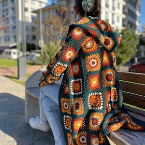 Colorful Crochet Sweater, Colorful Wool Cardigan,Afghan Granny Square Cardigan, Winter Chunky knit Cardigan, Boho Style Sweater, Hooded