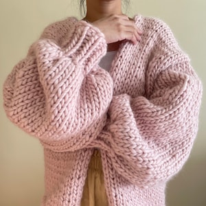 Chunky Wool Cardigan, Handmade Knit, 100% Wool, Pastel Pink Cardigan, Gift for her