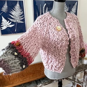 Knitted Cardigan Sweater Pink Wool Bomber Cardigan Sweater Sparkle Rainbow Sleeves Oversized Chunky Knit Cardigan US SM to MED