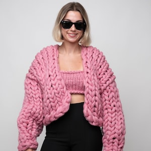 Pink Cardigan, Chunky Cardigan, Wool Cardigan, Knit Chunky Cardigan, Hand Knit Cardigan, 100% Wool, Colorful