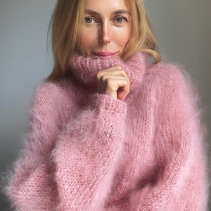 Mohair Chunky Sweater, Pink Mohair sweater, Turtleneck sweater, Wool sweater, Pink pullover, Handknit sweater, Knitted sweater 100% hand mad