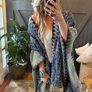Handmade Bohemian Lavender Tribe Cardigan, Loom Knit Blue Tassel Robe, Women's Crochet Sweater