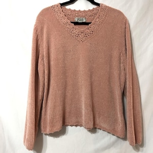 Vintage Pink Chunky Knit Cozy Pullover Sweater Womens XL Chenille Grandma Core