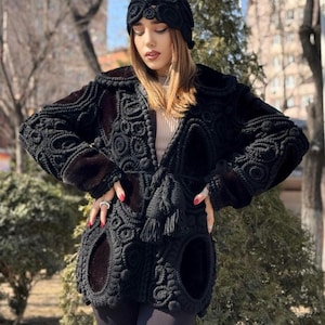 Cardigan one of a kind crochet Irish lace crochet handmade semi wool knitted jacket fashion cardigan crocheted coat design long sleeves gift
