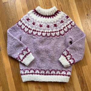 handmade pink purple beige fair isle chunky knit sweater size medium
