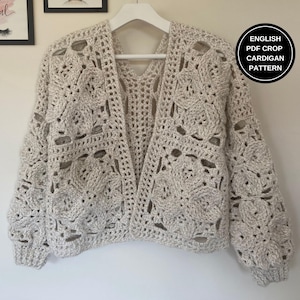 Crochet Cardigan Pattern, Winter Handmade Jacket, Women Crochet Sweater, Chunky Crop Cardigan PDF, Wool Cardigan Motif Pattern