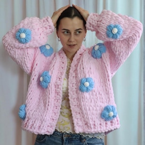 chunky knit floral oversized plush handmade cardigan, custom pink sweater with 3D flowers, soft cozy knitwear XS to XXL