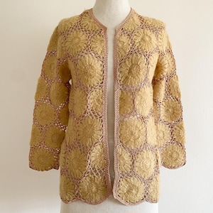 Vintage 1980s Imperial Fashion Hand Crocheted Mohair Wool Cardigan Sweater Beige Open Knit XS