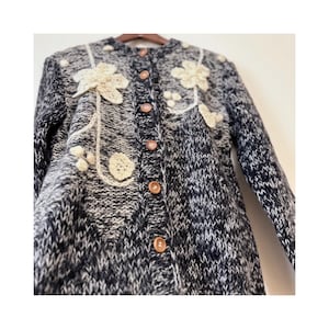 Vintage Hand-Crocheted Floral Mohair Wool Cardigan