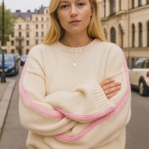 Chunky Knit Cream Sweater with Pink Stripes | Oversized Cozy Pullover | Soft Wool Blend Sweater for Women